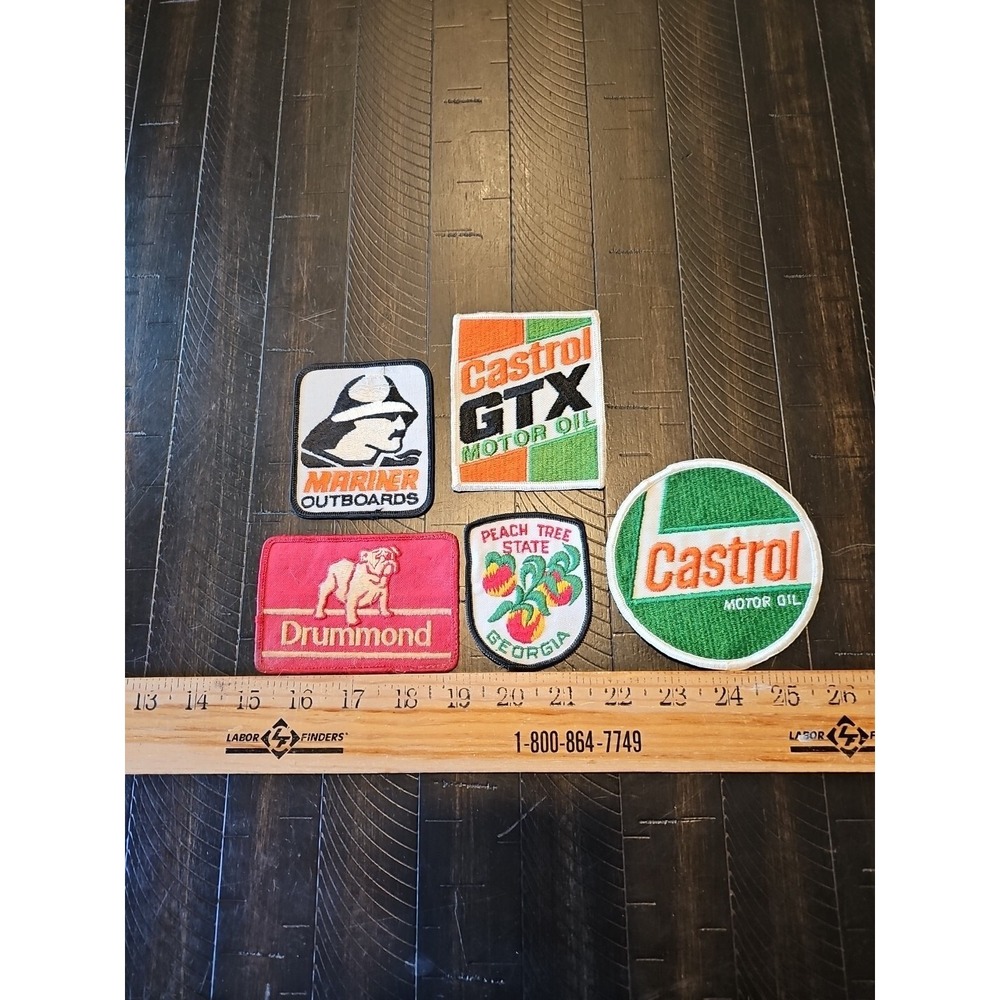 Vintage lot of 5 Patches Mariner Castrol GTX Drummond Oil Outboard